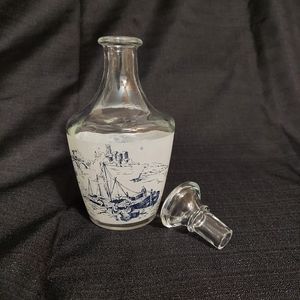 French Glass Liquor Decanter W Stopper Country Sea Scene Blue White Barware